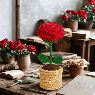 Handmade Crochet Flower Pot Rose Red Small Model Image