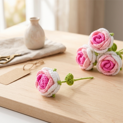 Handmade Crochet Tricolour Rose Pink Small Model Image